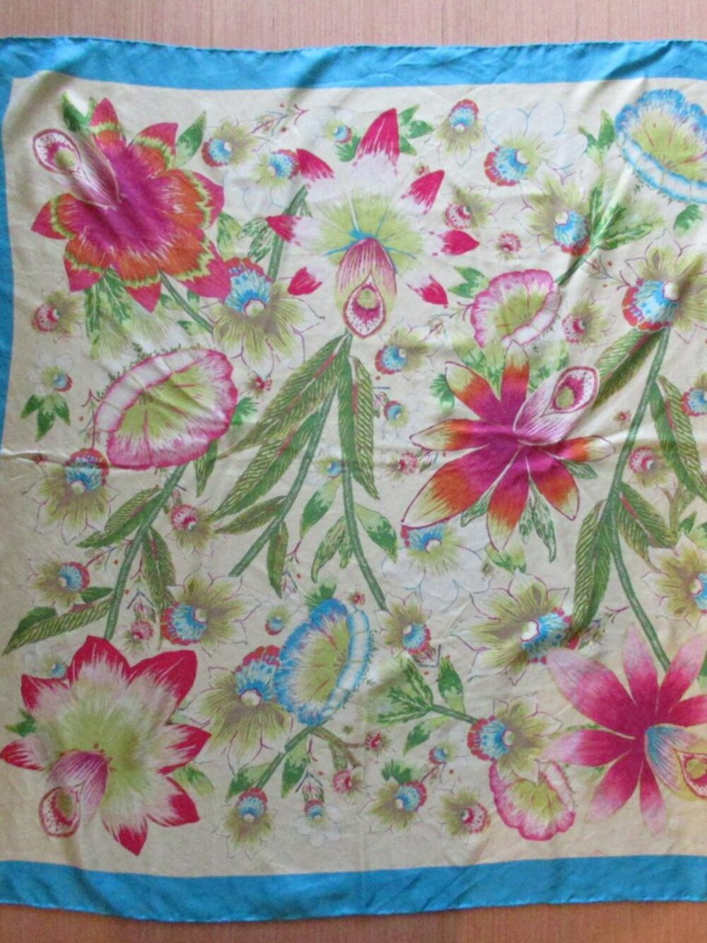Talbots Silk Tropical Orchid Floral Square Scarf Blue Border